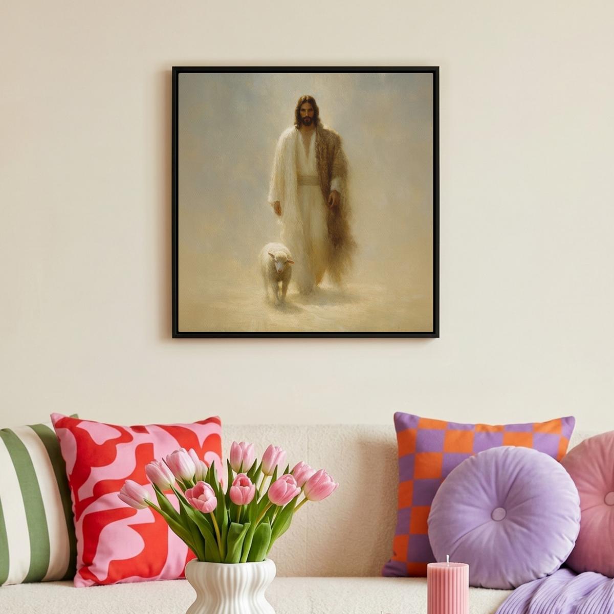 LEINWAND Bilder mit Rahmen - Schaf - Jesus - Pinselstriche - Abstrakt - 50x50 - Beige, Textil (50/50cm) - MuchoWow