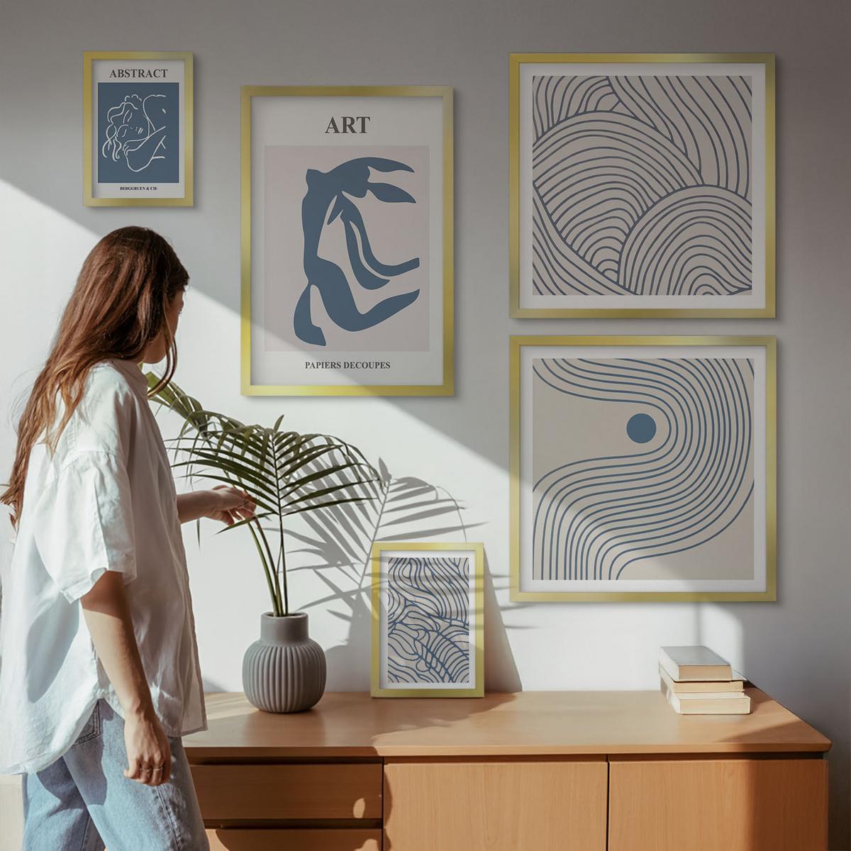 BILDER SET 5er Set - 50x50 cm & 20x30 cm & 40x60 cm Goldrahmen - Abstrakte blaue Linien - Goldfarben, Kunststoff (40/60cm) - TULUP