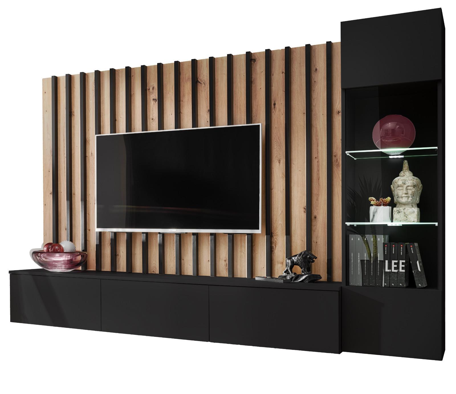 WOHNWAND schwarz, Artisan Eiche 220 cm, Schrankwand inkl. LED Beleuchtung - Schwarz/Eiche Artisan, Glas/Holzwerkstoff (220/148/35cm) - Furn.Design