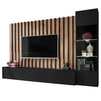 WOHNWAND schwarz, Artisan Eiche 220 cm, Schrankwand inkl. LED Beleuchtung - Schwarz/Eiche Artisan, Glas/Holzwerkstoff (220/148/35cm) - Furn.Design