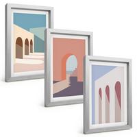 BILDER SET 3er Set - 20x30 cm Silberner Rahmen - Architekturgrafiken in Pastellfarben - Silberfarben, Kunststoff (20/30cm) - TULUP