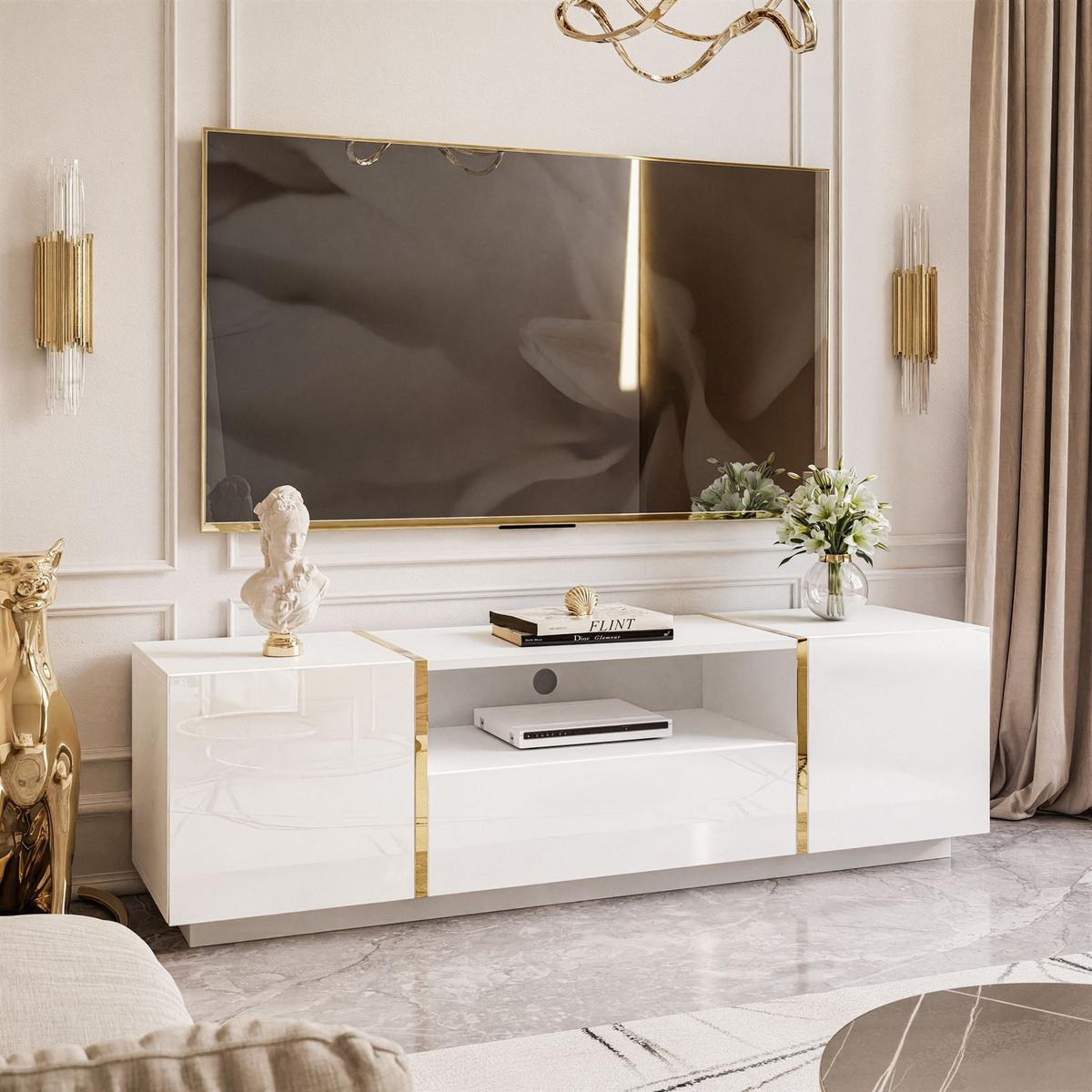 TV-ELEMENT ONYX HOCHGLANZ 158 CM PUSH OPEN - Goldfarben/Weiß, Holzwerkstoff (158/46/41.3cm) - Lookway