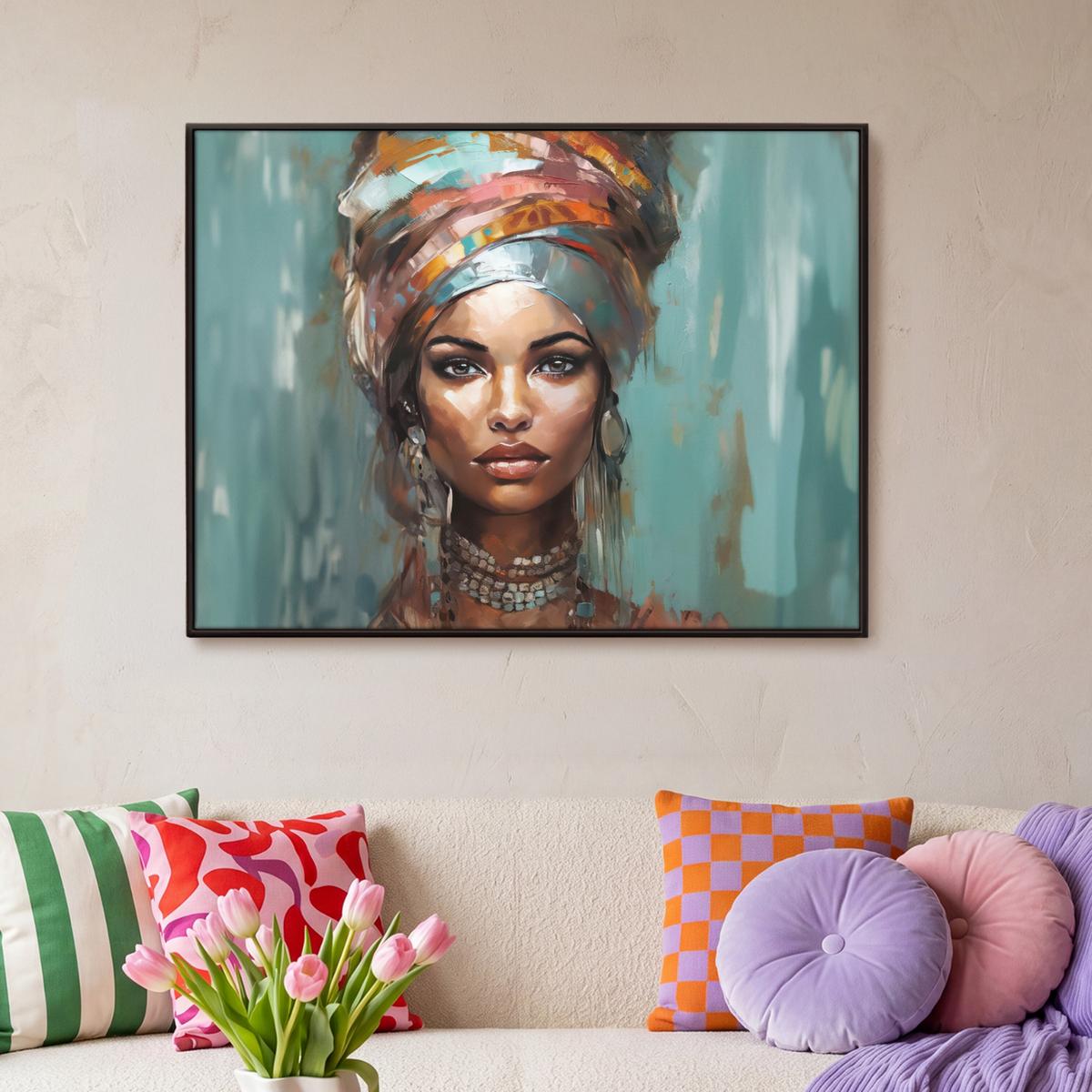 LEINWAND Bilder mit Rahmen - Frau - Kunst - Schmuck - Porträt - 100x70 - Blaugrau, Textil (100/70cm) - MuchoWow