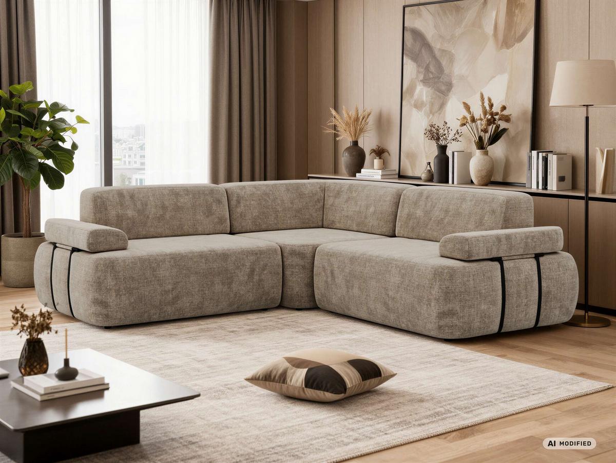 ECKSOFA MIREO L - Beige Schenille grob gewebt - Beige/Schwarz, Kunststoff/Textil (257/257cm) - MKS