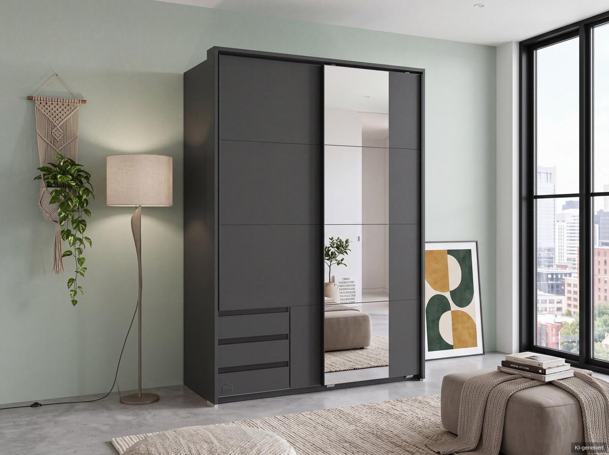 SCHWEBETÜRENSCHRANK 2-türig B138/H200/T65 cm, Passepartout-Kleiderschrank in Grafit mit sichtbaren Schubkästen & Spiegel / 22686 - Graphitfarben/Schwarz, Holz/Holzwerkstoff (138/200/65cm) - luma-home
