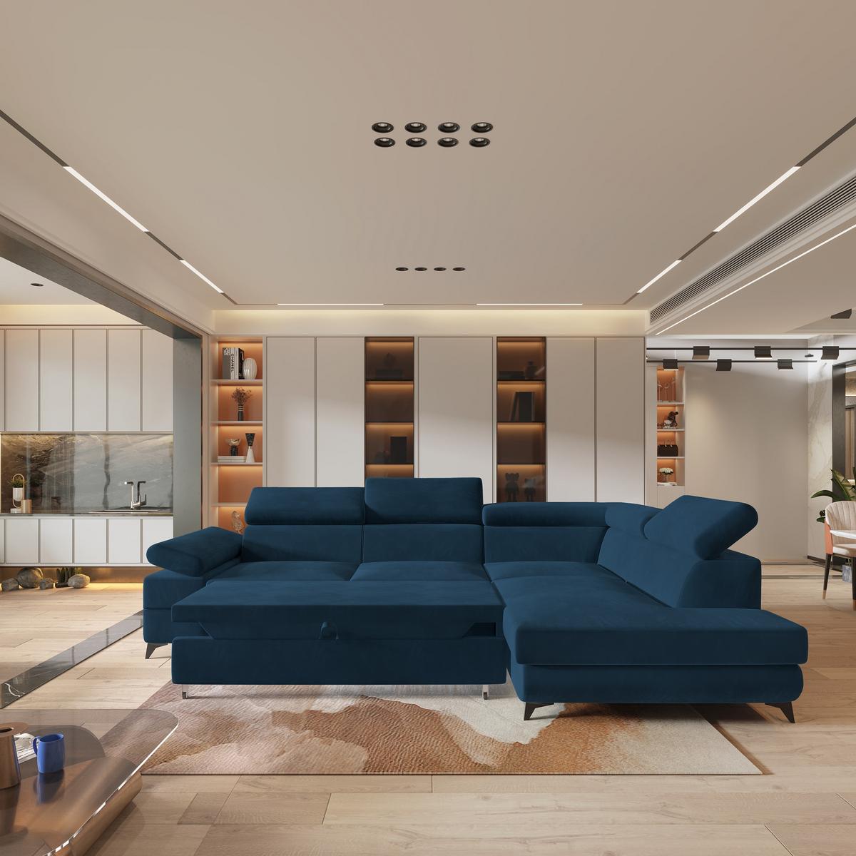 ECKSOFA FAVIEN R-S Blau Velours-Stoff mit Schlaffunktion - Blau, Holz (257/190cm) - MASSENO