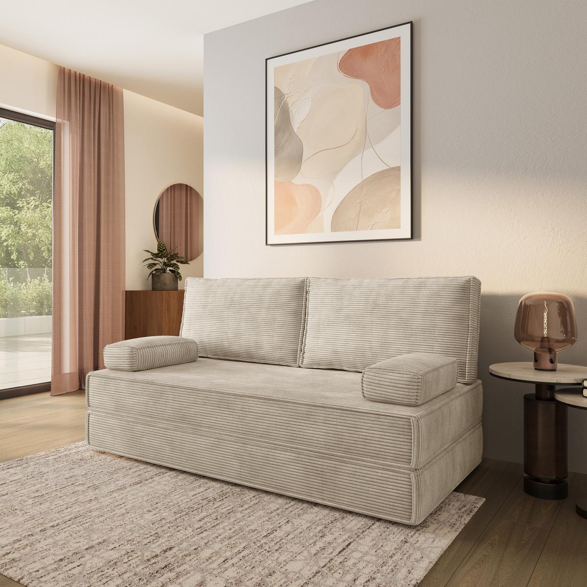 BETTSOFA SILAR aus Schaumstoff Kordstoff Creme Schlaffunktion - Creme, Textil (170/86/80cm) - MASSENO