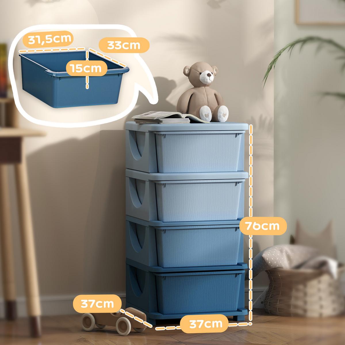 SCHUBLADENSCHRANK für Kinder mit Stauraum Aufbewahrungsboxen vier Ebene - Blau, Kunststoff (37/76/37cm) - HOMCOM