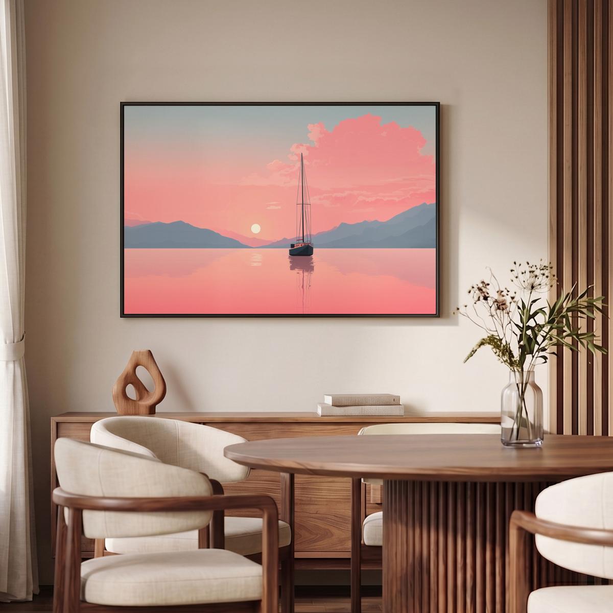 LEINWAND Bilder mit Rahmen - Segelboot - Rosa Meer - Sonnenuntergang - Berge - 90x60 - Rosa, Textil (90/60cm) - MuchoWow
