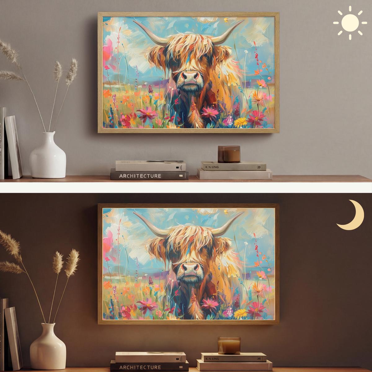WANDLEUCHTE MIT AKKU Schottische Hochländer - Natur - Farbenfroh - Blumen 60x40 cm - Multicolor, Holzwerkstoff (60/40/8cm) - OnlyWow