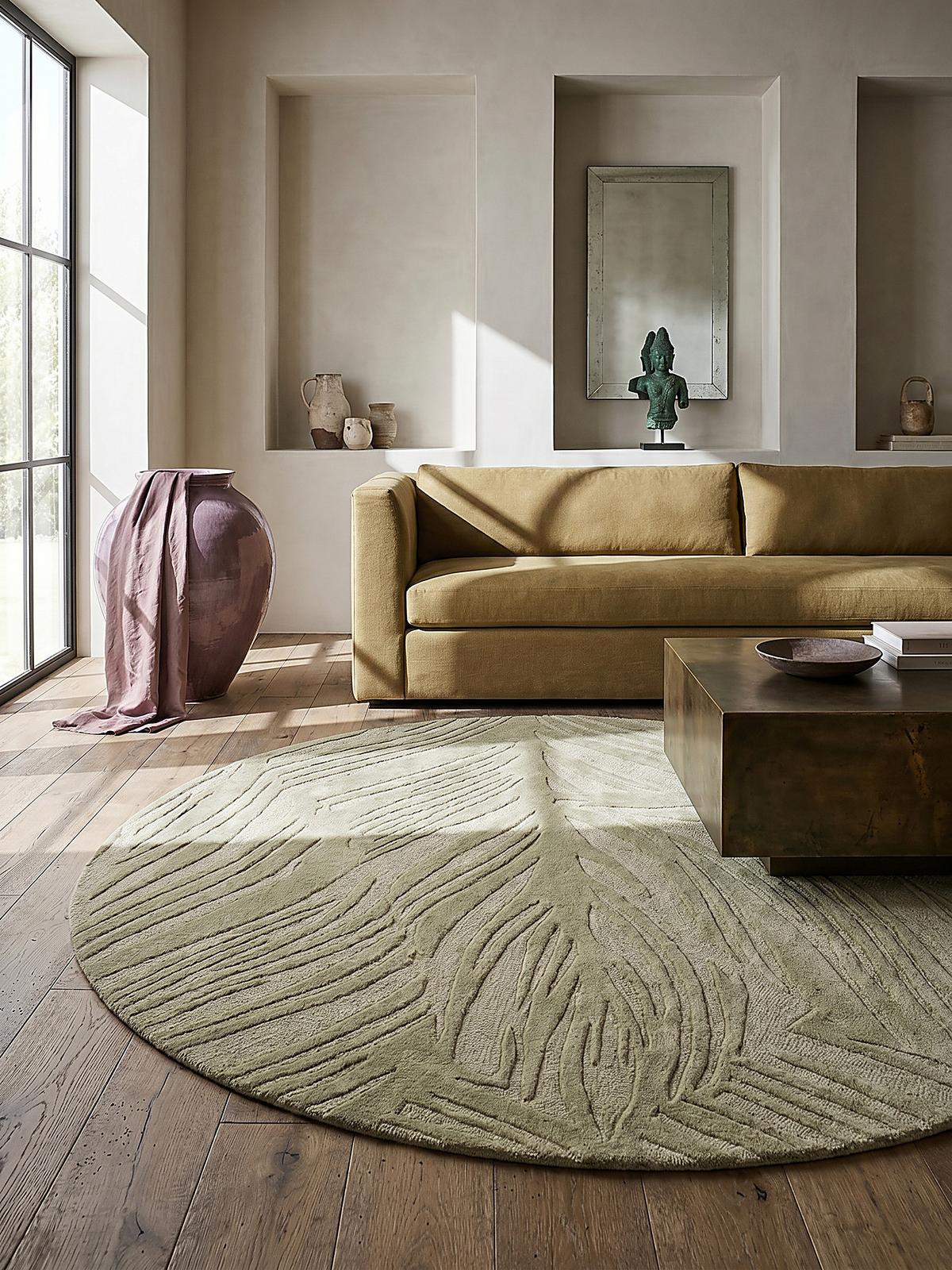 WOLLTEPPICH LEVEN, floral, Grün-Beige, Ø 160 cm - Grün, Textil (160/160cm) - KADIMA DESIGN