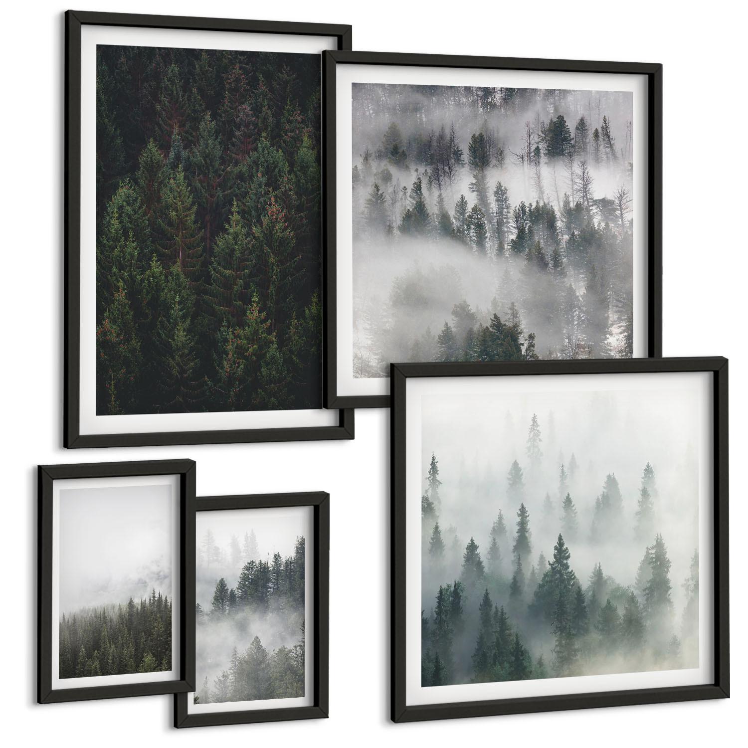 BILDER SET 5er Set - 50x50 cm & 20x30 cm & 40x60 cm Schwarzer Rahmen - Grüne Wälder, neblige Landschaft - Schwarz, Kunststoff (40/60cm) - TULUP