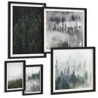 BILDER SET 5er Set - 50x50 cm & 20x30 cm & 40x60 cm Schwarzer Rahmen - Grüne Wälder, neblige Landschaft - Schwarz, Kunststoff (40/60cm) - TULUP