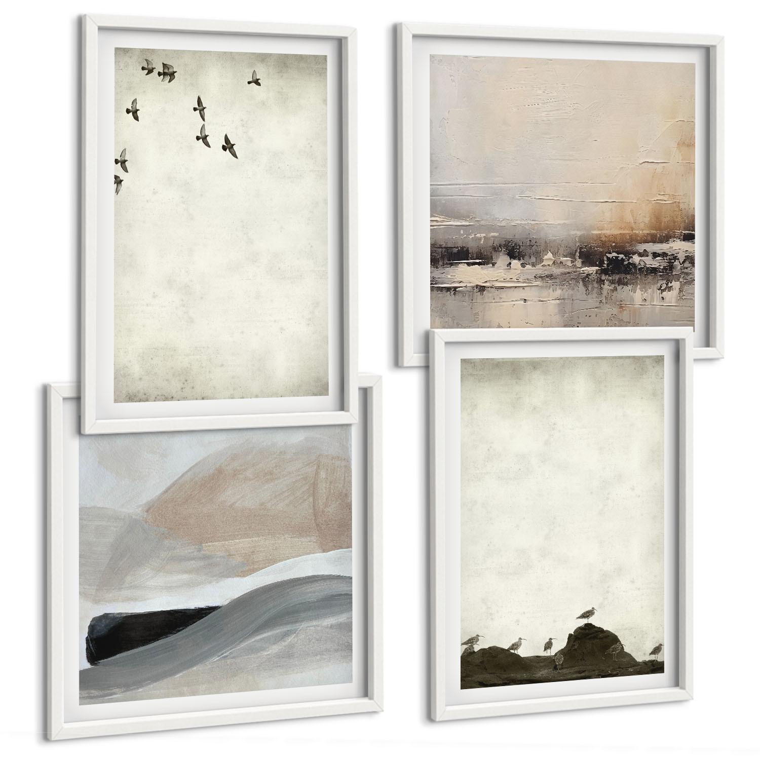 BILDER SET 4er Set - 50x50 cm & 40x60 cm Weißer Rahmen - Vögel, Steine, Pinselstriche, Verzierungen - Weiß, Kunststoff (50/50cm) - TULUP