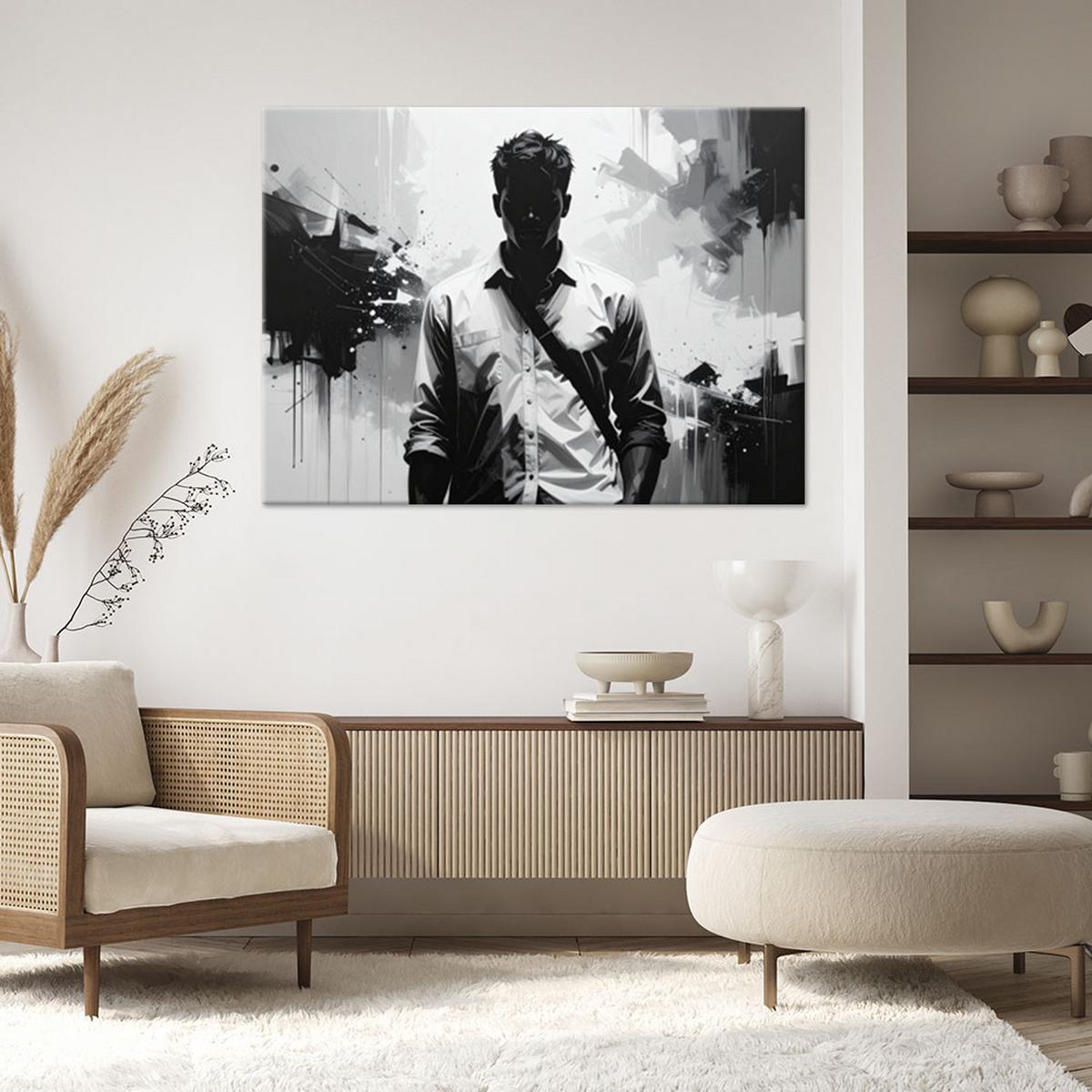 WANDBILD, Einsame Figur im städtischen abstrakten Hintergrund - Schwarz, Textil (90/60cm) - Feeby