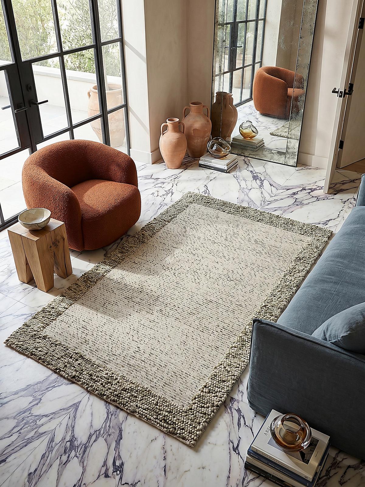 WOLLTEPPICH MOAT, mit Bordüre, Grün-Natur, 80 x 150 cm - Grün, Textil (80/150cm) - KADIMA DESIGN