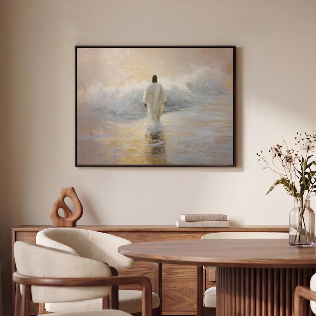 LEINWAND Bilder mit Rahmen - Gemälde - Welle - Jesus - Abstrakt - 70x50 - Goldfarben, Textil (70/50cm) - MuchoWow