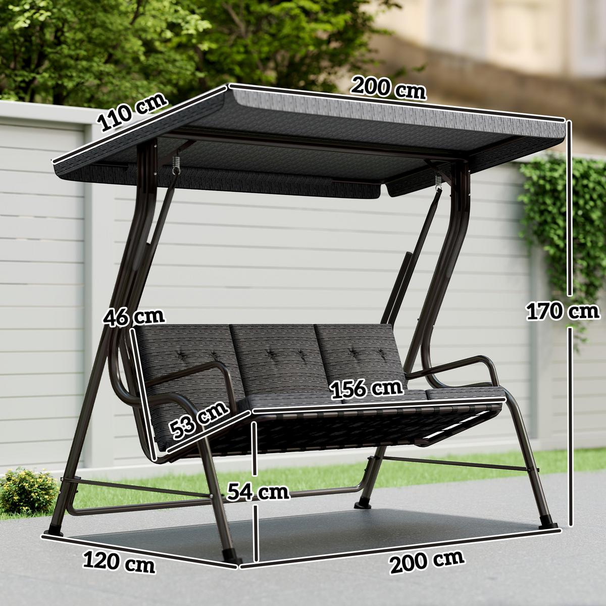 HOLLYWOODSCHAUKEL, Verstellbares Sonnendach, Texteline, Grau, 200 x 120 x 170 cm - Schwarz, Metall (120/170/200cm) - Outsunny