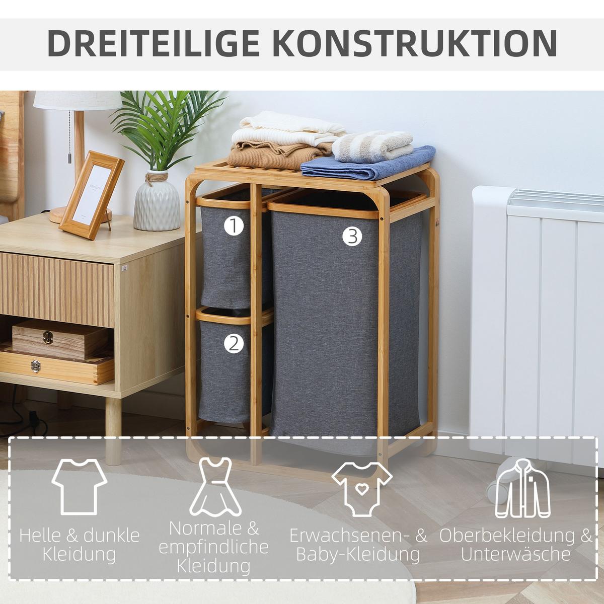 WÄSCHEKORB Wäschebox mit Plattform und 3 abnehmbaren Wäschesacke Wäschesammler - Multicolor, Naturmaterialien (32/69.7/50cm) - HOMCOM
