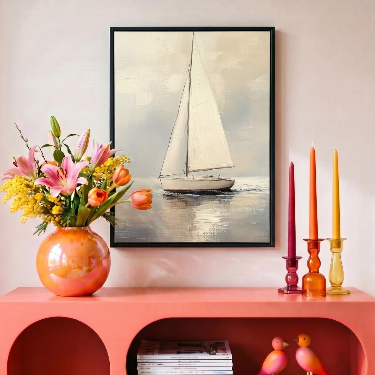 LEINWAND Bilder mit Rahmen - Segelschiff - Meer - Bewölkt - 30x40 - Creme, Textil (30/40cm) - MuchoWow