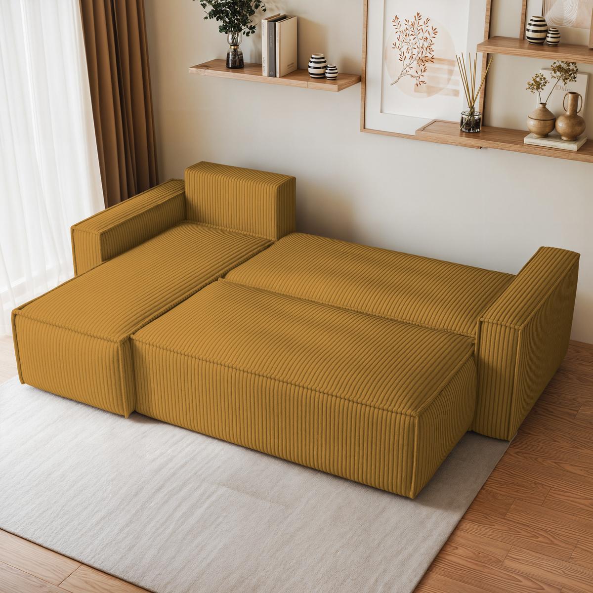 ECKSOFA RAVELO P Gelb Kordstoff mit Schlaffunktion - Gelb/Grau, Holz/Kunststoff (240/140cm) - MASSENO
