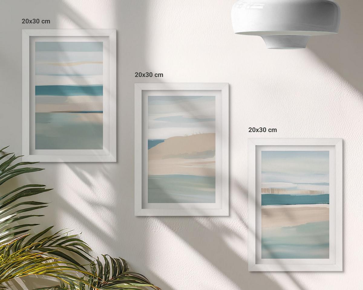 BILDER SET 3er Set - 20x30 cm Weißer Rahmen - Abstrakte blaue Landschaften - Weiß, Kunststoff (20/30cm) - TULUP
