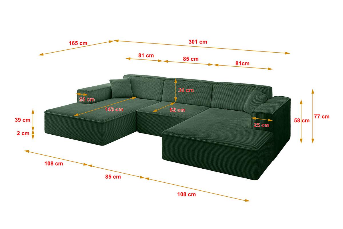 WOHNLANDSCHAFT IREA-U1-v4 - 301x165x77 cm Grün - Currygelb, Holzwerkstoff/Textil (301/77/165cm) - ALTDECOR