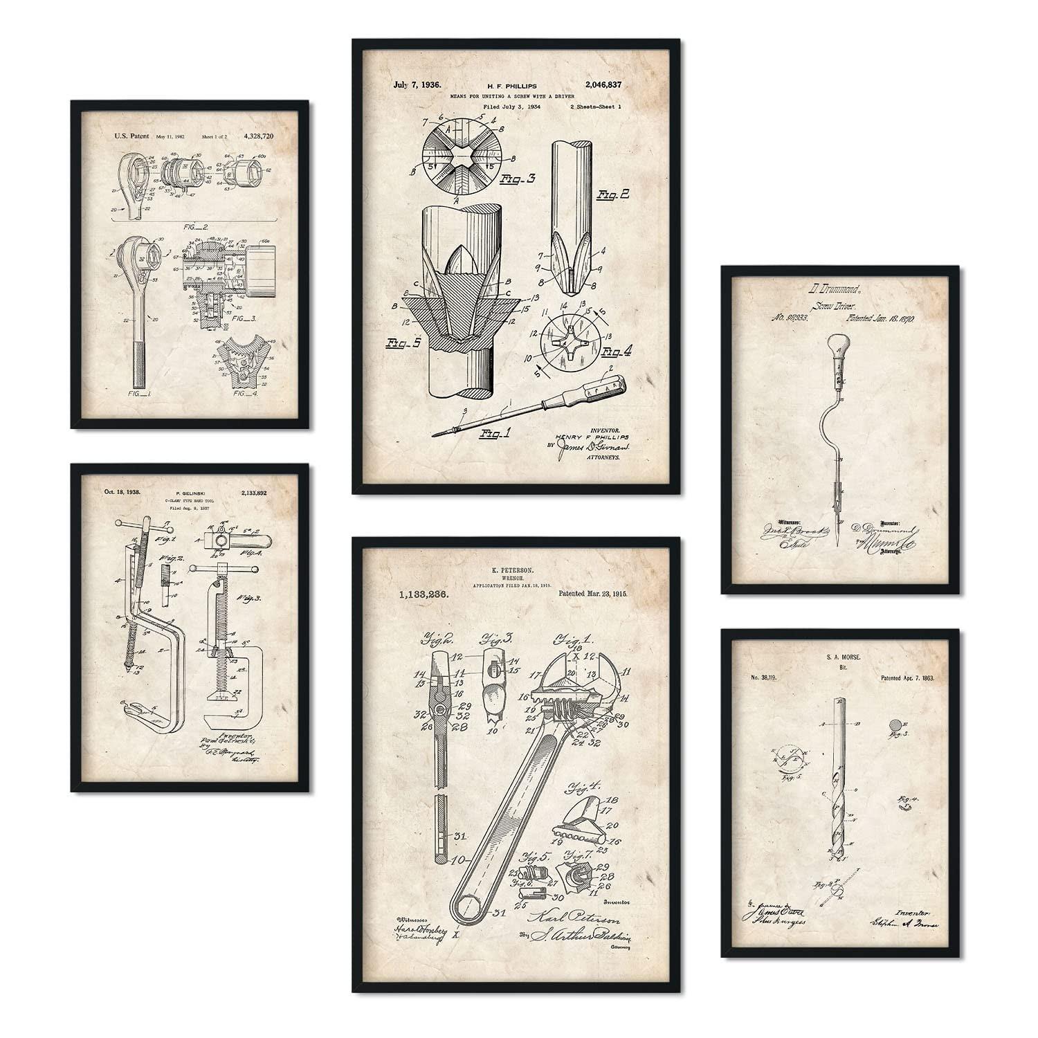 POSTER Set Mit 6 Plakaten Mit Bauwerkzeuge 1 Patenten Im Vintage Stil A3 & A4 Schwarzer Rahmen - Schwarz, Papier (29/3cm) - Nacnic