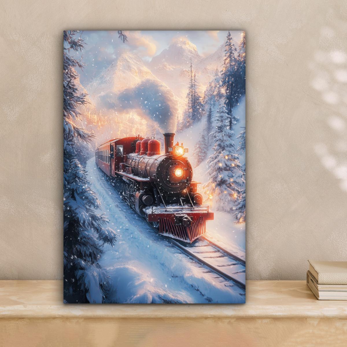 LEINWANDBILD Weihnachtszug - Schnee - Winter - Weihnachten Deko Wohnzimmer 20x30 cm - Dunkelrot, Textil (20/30cm) - MuchoWow