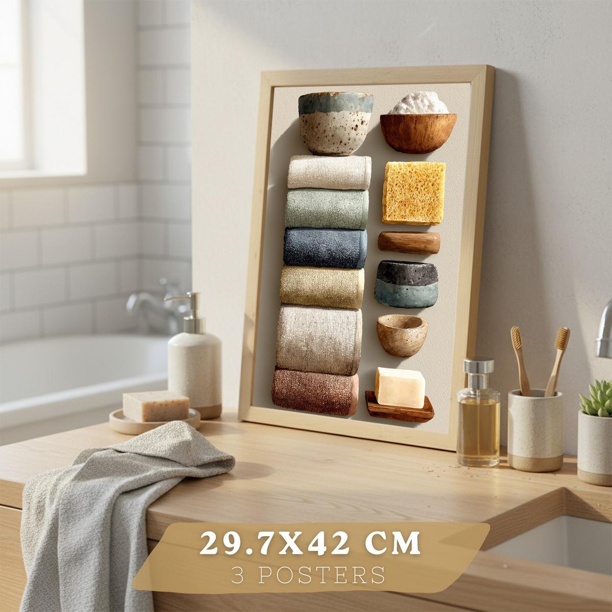 POSTER 3er-Set dekorative Badezimmerbilder im natürlichen Spa-Stil, Motive mit Handtüchern, Kerzen minimalistisches, Leichter Holzrahmen A3 - Beige, Papier (42/29.7/3cm) - Nacnic