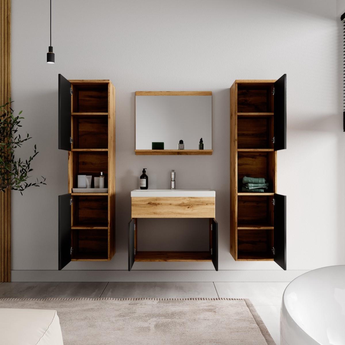 BADMÖBEL-SET Montreal 5 Teile Eiche / Schwarz - 60 x 35 x 51 cm - Eichefarben/Schwarz, Holz (60/51/35cm) - Badplaats