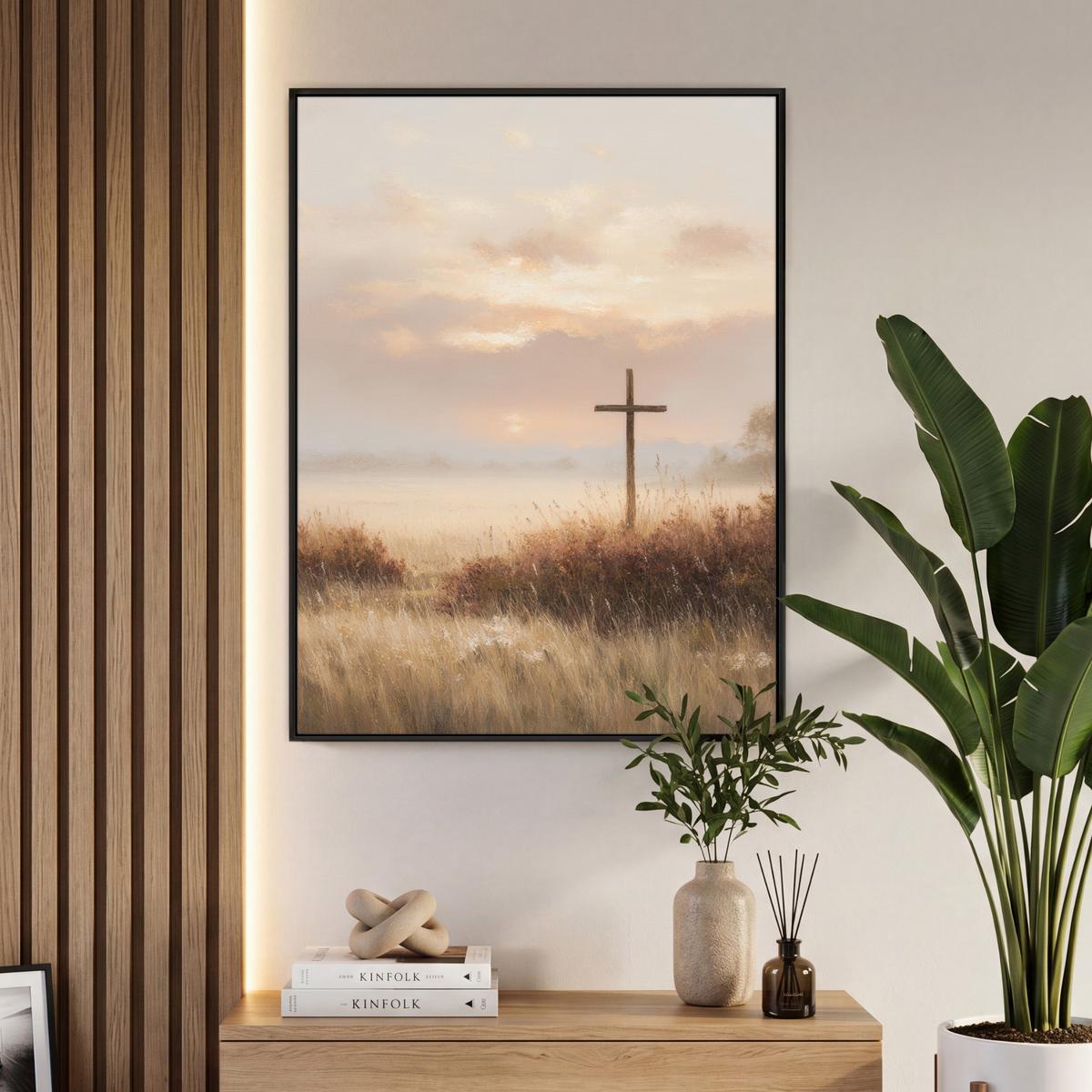 LEINWAND Bilder mit Rahmen - Gras - Morgennebel - Kreuz - Christentum - 70x100 - Beige, Textil (70/100cm) - MuchoWow