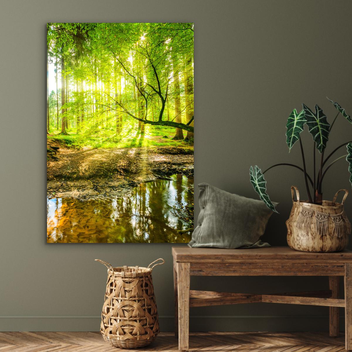 METALLBILD Wald - Landschaft - Wasser - Bäume - Sonne - Grün - Natur 80x120 cm - Grün, Metall (80/120cm) - MuchoWow