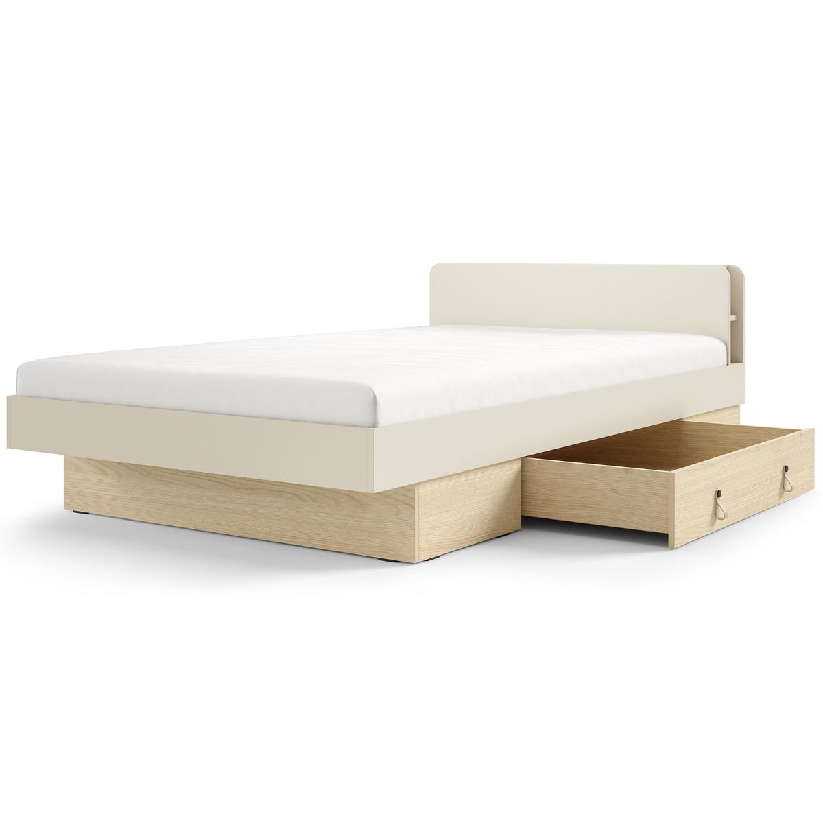 BETT Sorella 120x200 cm mit Lattenrost und Bettkasten-Schublade, mit Matratze 26 cm, Macadamia + Eiche Mavelie - Eichefarben/Beige, Leder/Holzwerkstoff (120/200cm) - Beautysofa