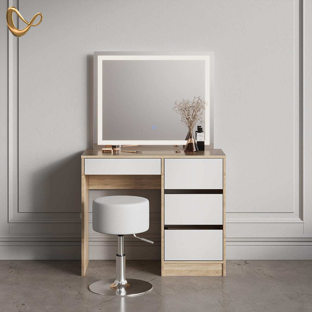 SCHMINKTISCH Imola Sonoma mit LED-Spiegel und Hocker - Sonoma Eiche, Holzwerkstoff (90/75/40cm) - Livinity®
