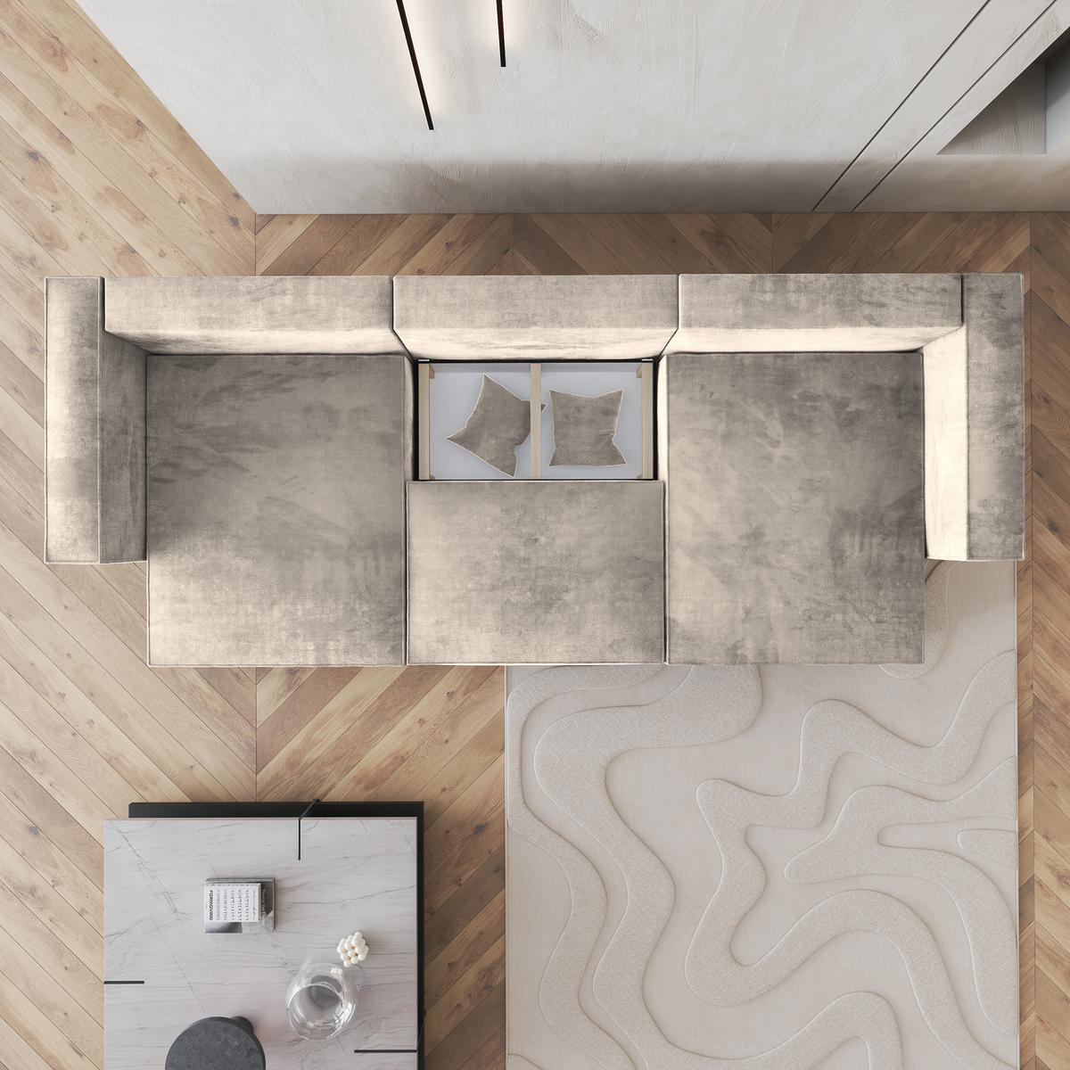WOHNLANDSCHAFT SARMO M Creme Velours-Stoff mit Schlaffunktion - Creme/Grau, Holz/Kunststoff (347/70/148cm) - MASSENO