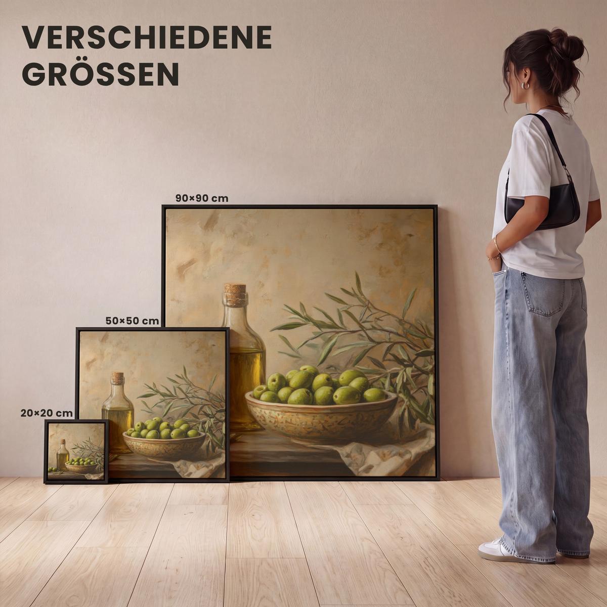 LEINWAND Bilder mit Rahmen - Oliven - Stilleben - Vintage - 90x90 - Olivgrün, Textil (90/90cm) - MuchoWow