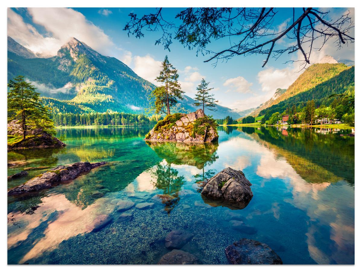 FOTOTAPETE für Schlafzimmer Bergsee Nadelbäume Felsen Natur Landschaft 150x105 - Türkis/Beige, Papier (150/105cm) - Muralo