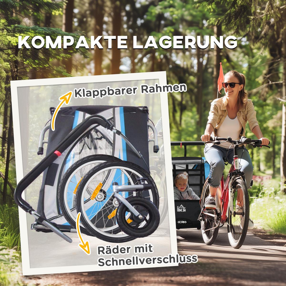 2 in 1 Kinderfahrradanhänger, Kinderanhänger, Fahrradanhänger, Blau - Blau, Metall (75/101/142cm) - HOMCOM