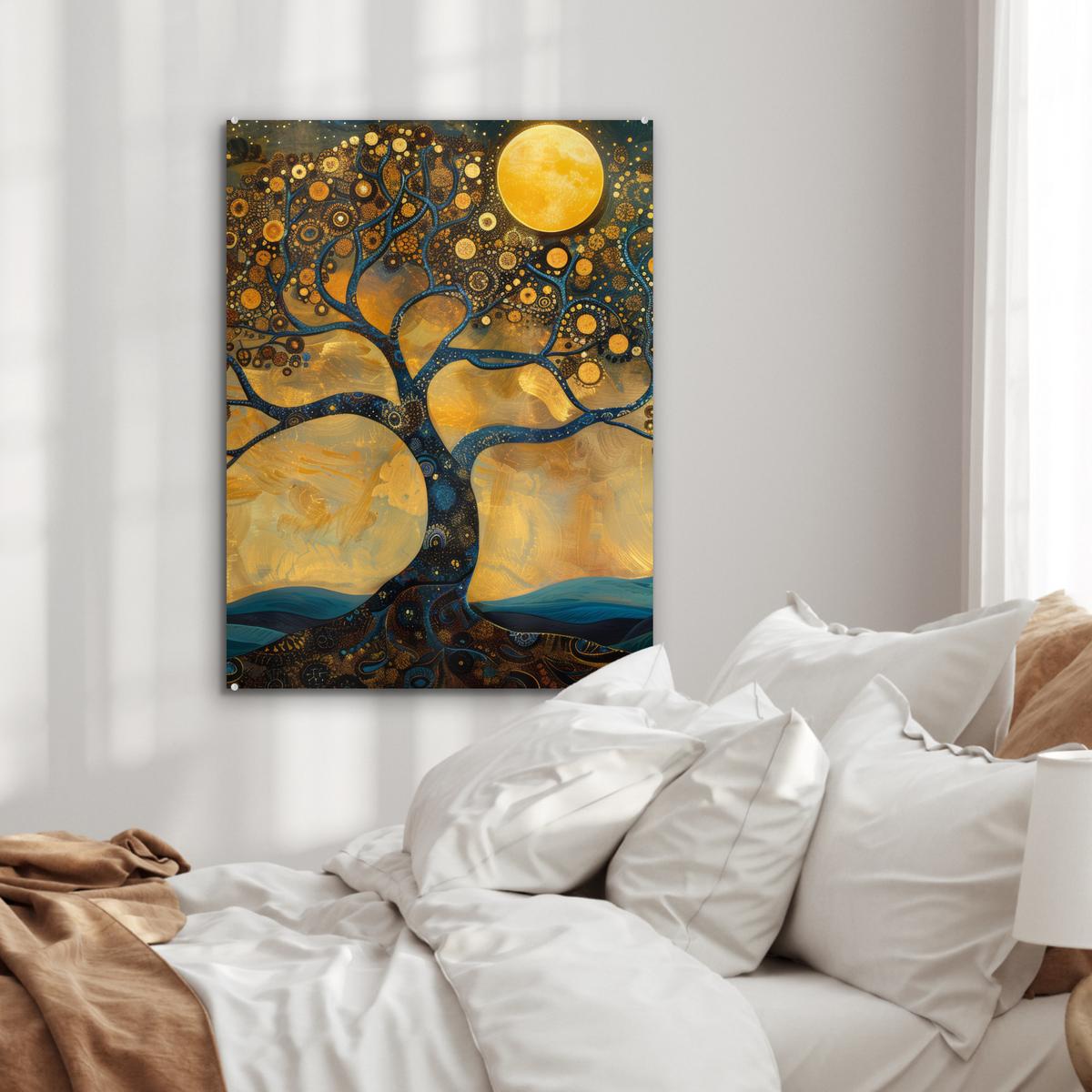 ACRYLGLASBILD Baum - Mond - Blumen - Gold - Kunst 60x80 cm - Orange, Glas (60/80cm) - MuchoWow