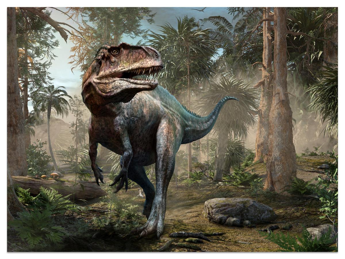 FOTOTAPETE für Jugendzimmer Realistischer Dinosaurier Dschungel Palmen 500x350 - Beige/Schwarz, Papier (500/350cm) - Muralo