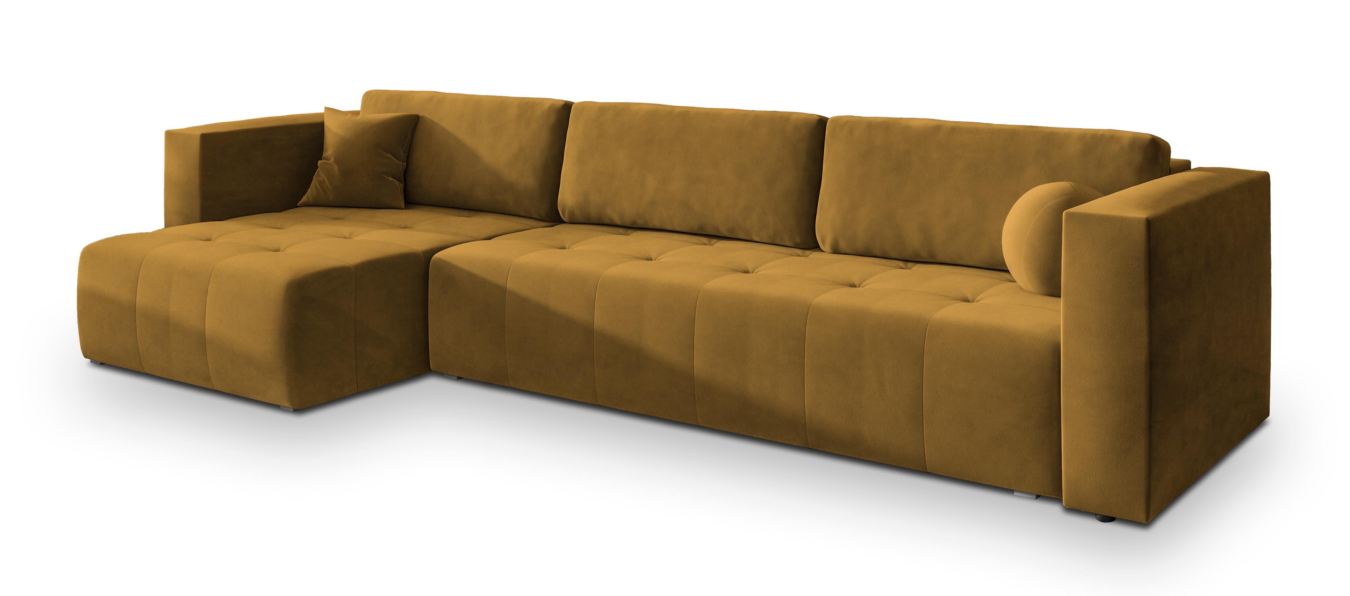 ECKSOFA OLVERA Gelb Plüsch-Stoff mit Schlaffunktion - Gelb, Holz (347/148cm) - MASSENO