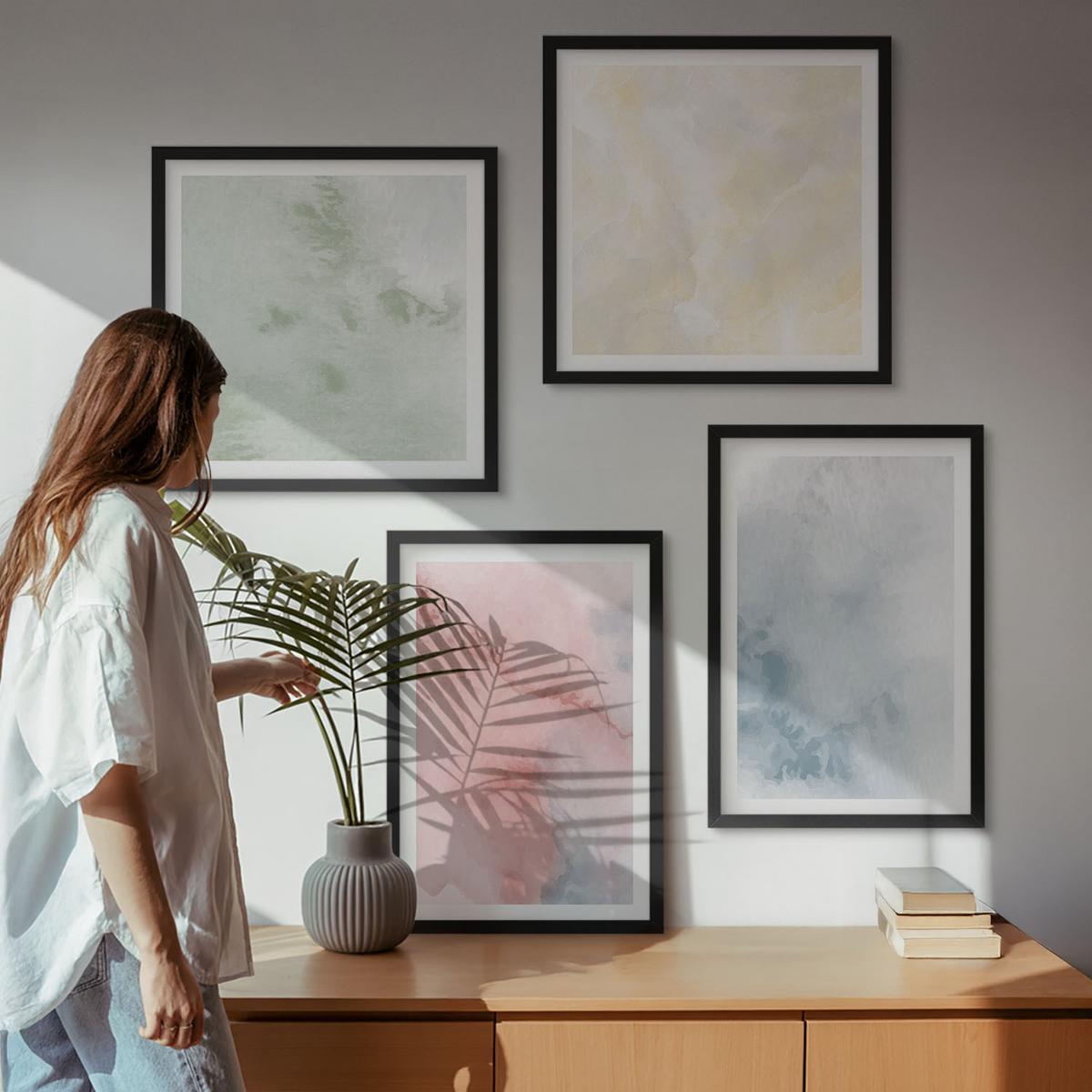 BILDER SET 4er Set - 50x50 cm & 40x60 cm Schwarzer Rahmen - Aquarellfarben in Pastellfarben - Schwarz, Kunststoff (50/50cm) - TULUP