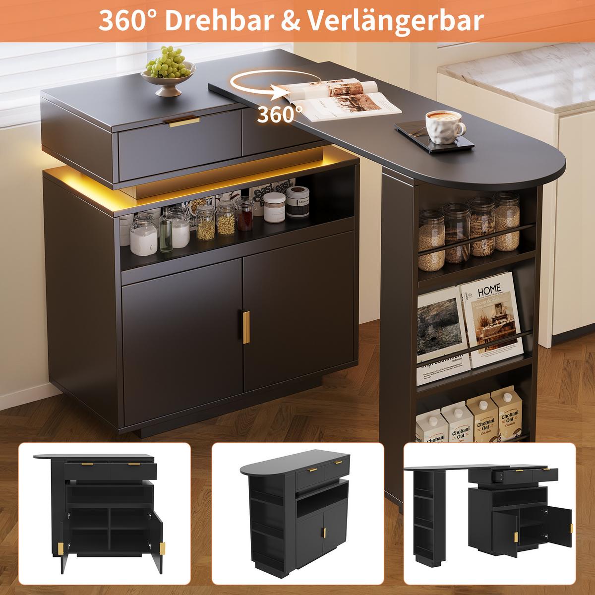 BARTISCH mit küchenbuffet in schwarz, 360° drehbar & led-beleuchtung - Schwarz, Holzwerkstoff (40/183/90cm) - Urban Meuble