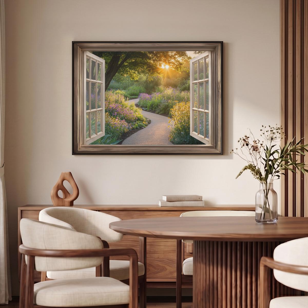 LEINWAND Bilder mit Rahmen - Aussicht - Blumen - Natur - Sonne - Weg - 100x70 - Hellgelb, Textil (100/70cm) - MuchoWow