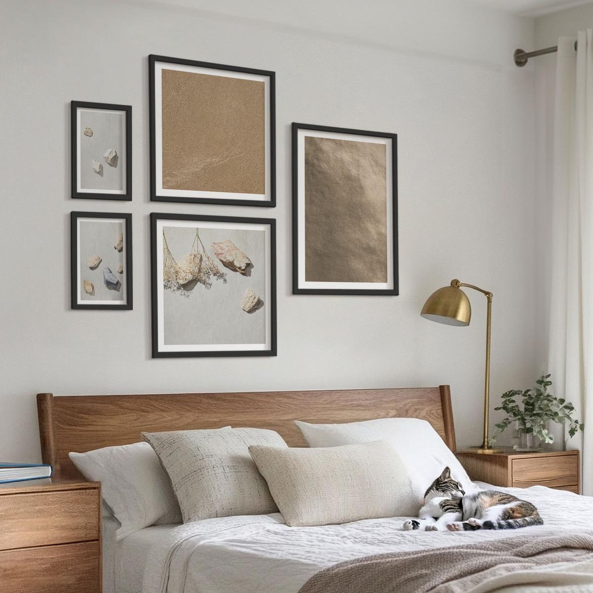BILDER SET 5er Set - 50x50 cm & 20x30 cm & 40x60 cm Schwarzer Rahmen - Strandsteine natürliche Strukturen - Schwarz, Kunststoff (40/60cm) - TULUP