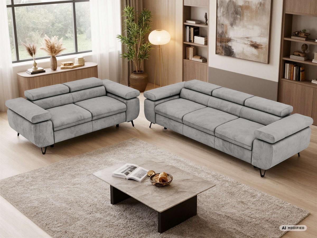 SITZGARNITUR PETER 2+3 - Hellgrau Velvet - Silberfarben/Hellgrau, Textil/Metall (262/76/99cm) - MKS