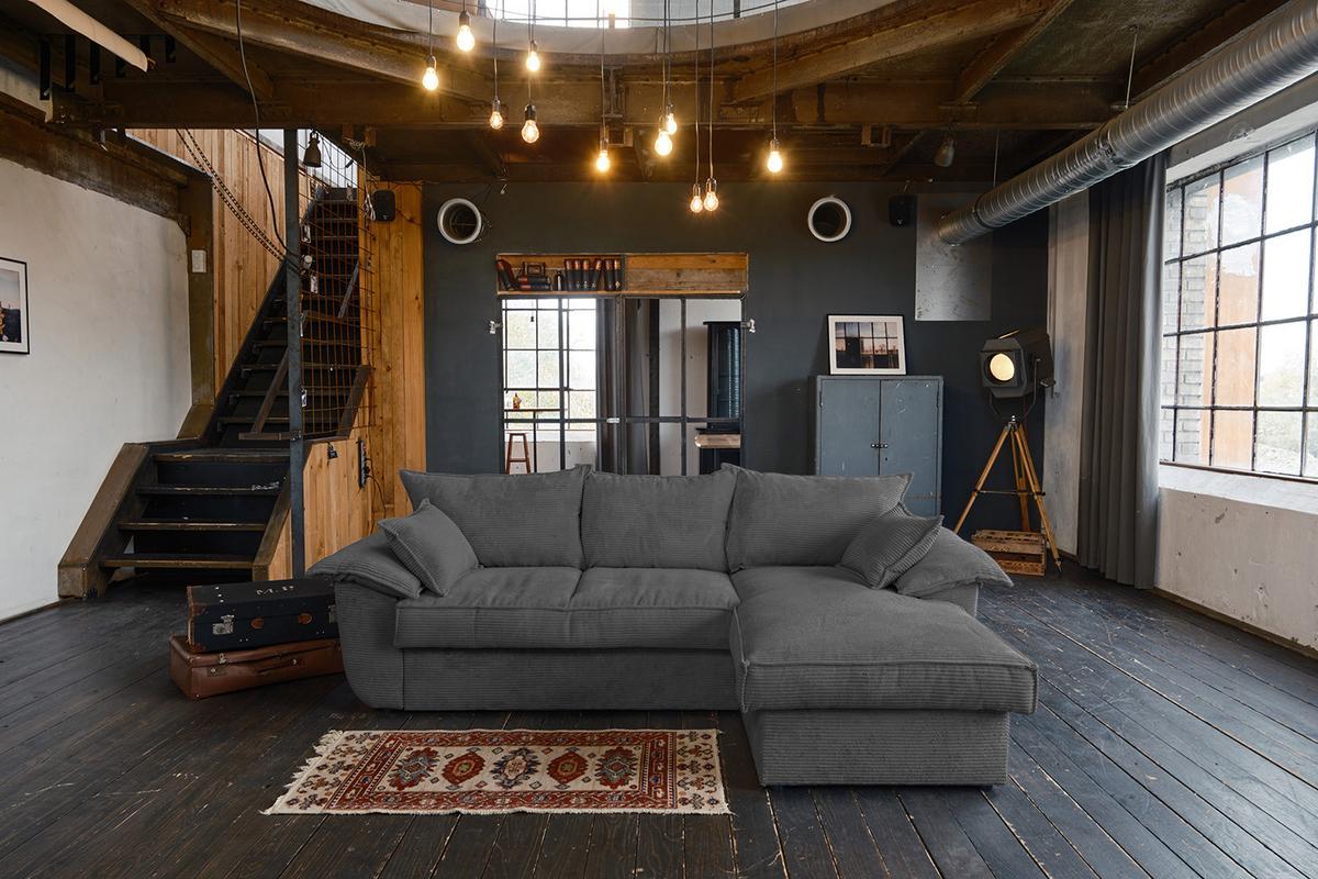 ECKSOFA DAMETO Grau Cord Mit Schlaffunktion - Schwarz/Grau, Kunststoff/Textil (266/174cm) - KAWOLA