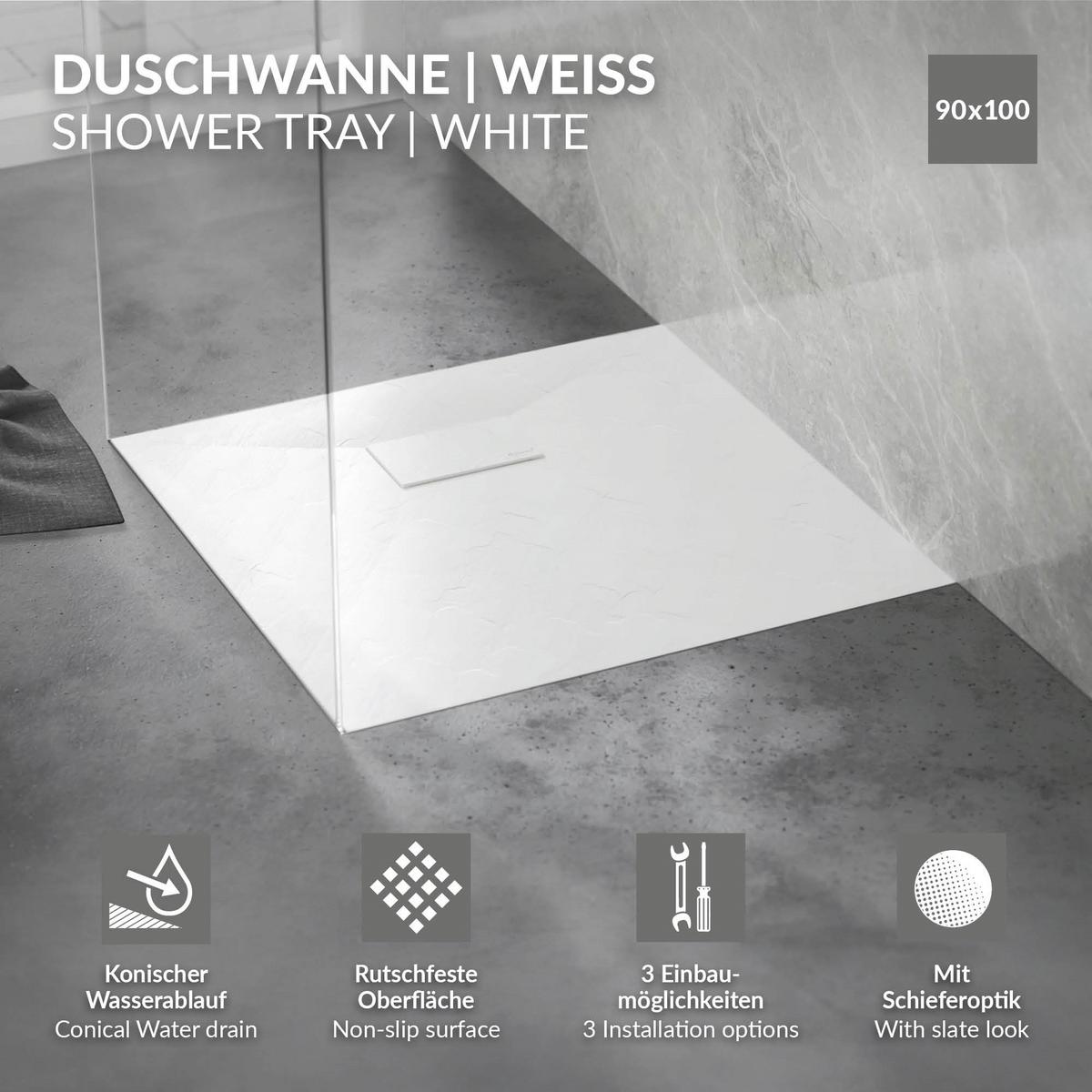 DUSCHWANNE 100x90 cm Weiß mit Ablaufgarnitur aus SMC - Weiß, Kunststoff (90/3/100cm) - LuxeBath