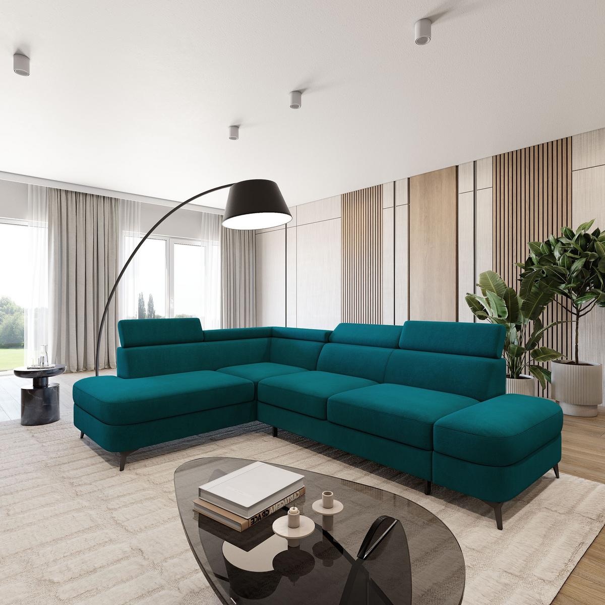 ECKSOFA AVISE MV L-S Blau Velours-Stoff mit Schlaffunktion - Blau, Holzwerkstoff/Textil (268/195cm) - MASSENO